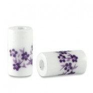 Ceramic bead tube 11x6mm White-lotus purple